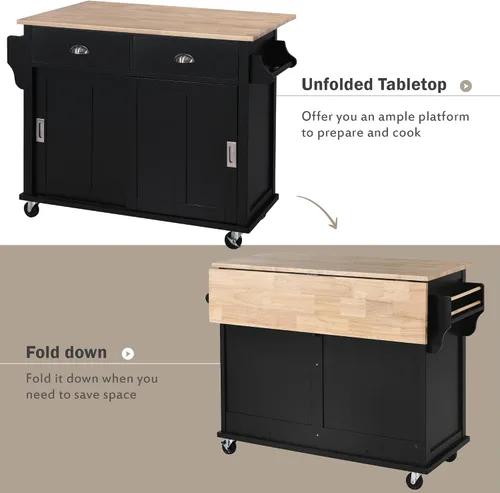 Miniatura 3 de Olela Carrito de isla de cocina con hojas colgantes de madera, mesa de cocina rodante con armario de almacenamiento y toallero, estante ajustable