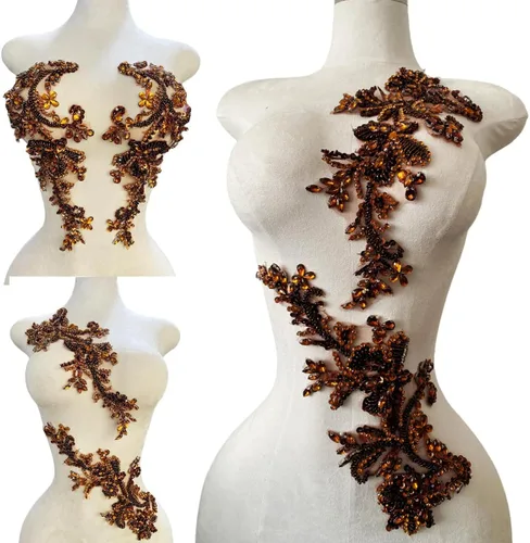 Miniatura 21 de Parches de apliques de encaje brillantes hechos a mano con cuentas de costura, lentejuelas y accesorios para vestido de novia, un par/bolsa Plata