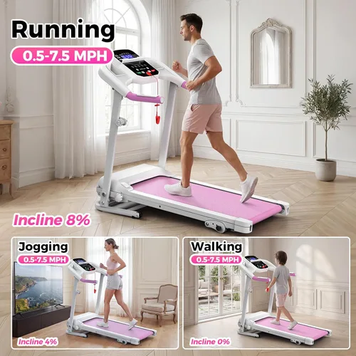 Miniatura 8 de Lastforever Caminadora plegable para uso doméstico, motor silencioso de 2.5 HP, 0.5 a 7.5 MPH con 8% de inclinación manual, cinta de correr Rosa