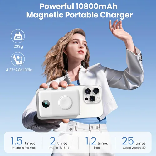 Miniatura 11 de Cargador portátil magnético de 10800 mAh para iPhone con cables integrados, cargador de batería inalámbrico 6 en 1 con cargador iWatch, pantalla LCD