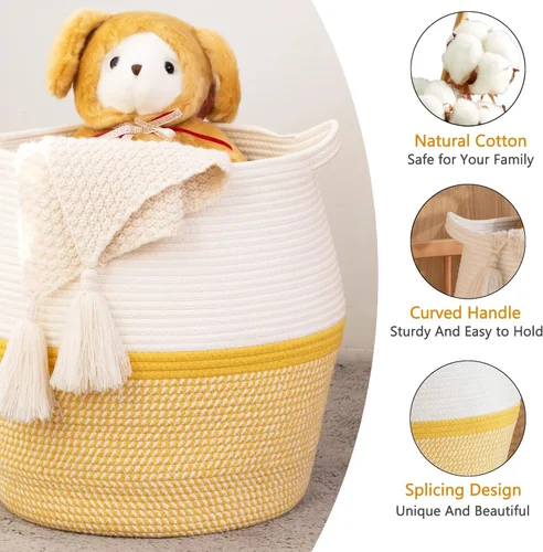 Miniatura 2 de KAKAMAY - Cestas tejidas para almacenamiento (17"x17"), gran cesta de lavandería de cuerda de algodón tejida para bebé, cesta de lavandería Amarillo
