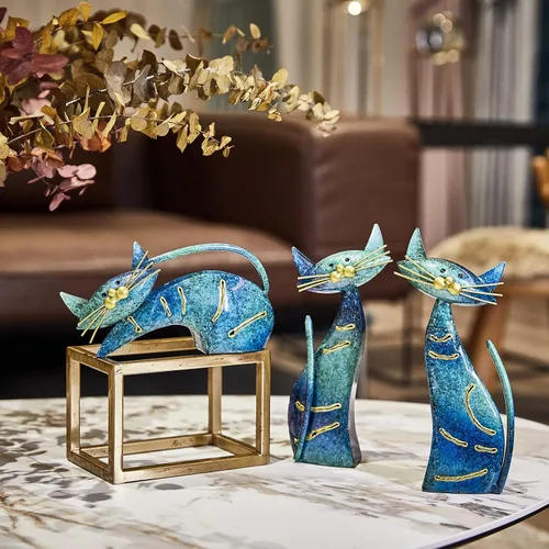 Miniatura 2 de Aayla Estatuas de gato – Juego de 3 pequeñas figuras azules de gatos acuáticos, adorable regalo para los amantes de los gatos, decoración