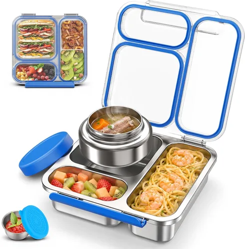 Caja Bento de acero inoxidable para niños y adultos con termo de sopa de 7 onzas, tapa transparente, 3 compartimentos, lonchera Bento de metal con