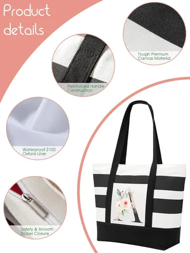Miniatura 5 de PARBEE Bolso tote de lona con iniciales, diseño de rayas y flores, con cremallera superior, bolsas de playa grandes con monograma de regalo