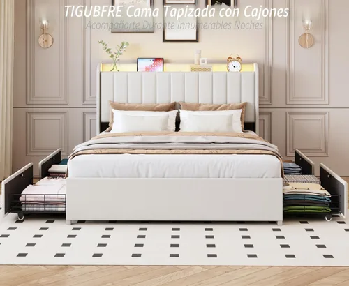 Miniatura 9 de Base de cama tamaño matrimonial con 4 cajones y cabecera de almacenamiento, base de cama tapizada con luces LED y práctica estación de carga,