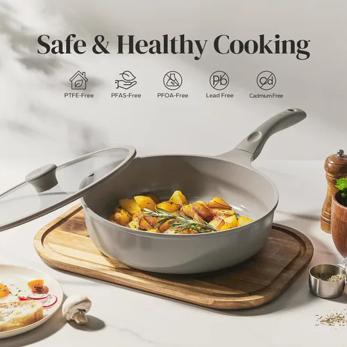 Miniatura 2 de Sartén antiadherente con revestimiento cerámico de Redchef con tapa, sartén grande y profunda para saltear, apta para inducción, apta para Gris