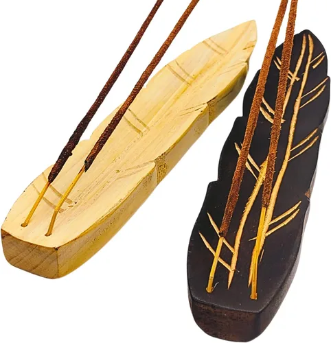 Calmveda Soporte de incienso de madera hecho a mano, paquete de 2 soportes para incienso para palos, bandejas de doble color en forma de hoja,