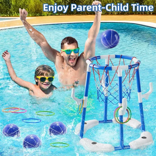 Miniatura 7 de JUKUDAHU Aro de baloncesto para piscina, juguetes de piscina para niños de 4 a 8 años, juego de anillo flotante 2 en 1 con 4 bolas y bomba, juguete