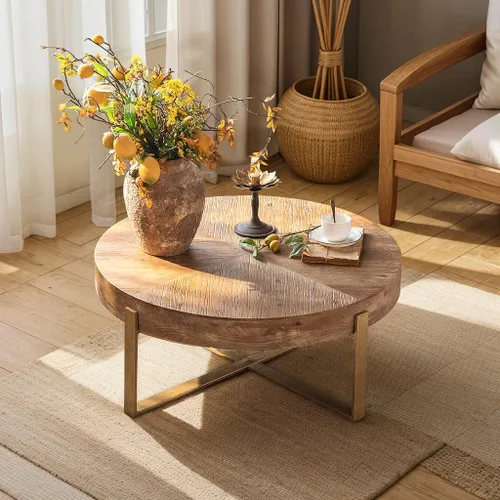 Miniatura 3 de Mesas de centro redondas de madera con patas de metal, mesa de centro circular de granja para sala de estar, mesas de café rústicas de madera