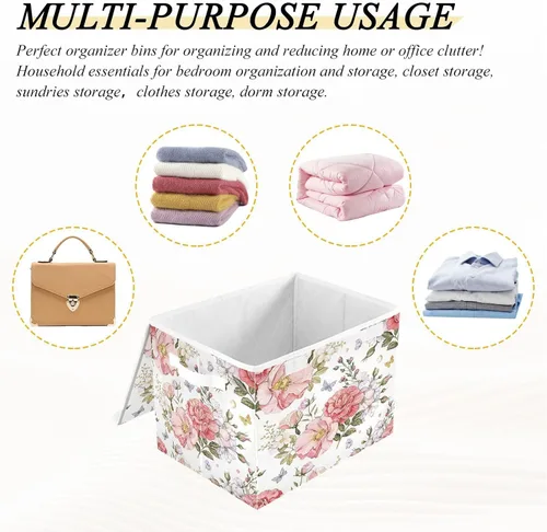 Miniatura 7 de Contenedores de almacenamiento de flores con tapas, cesta de tela plegable con asas 16.5" x 12.6" x 11.8" Decorative Storage Basket for Closet
