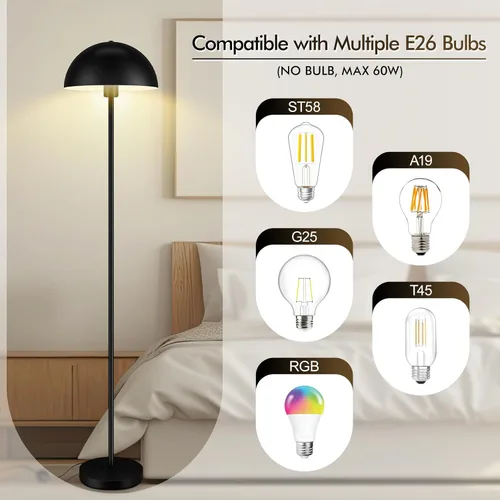 Miniatura 8 de Lámpara de pie, lámparas de pie industriales negras para sala de estar, lámpara de pie de 65.6 pulgadas, pantalla de cúpula de hongo retro, Negro