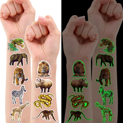 96 calcomanías de tatuajes temporales precortados que brillan en la oscuridad, vida silvestre realista, animales de la selva, decoración de