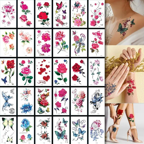 Miniatura 4 de 60 hojas de tatuajes temporales de flores 3D de mariposas para mujeres y niñas, calcomanías de tatuaje de rosas coloridas, impermeables