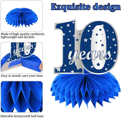 Miniatura 5 de 8 centros de mesa de panal azul plateado para décimo cumpleaños de niños, suministros de fiesta de cumpleaños para decoración de mesa, decoración