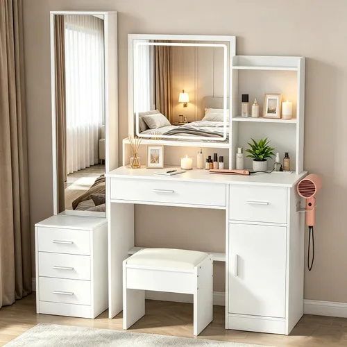INTERGREAT Tocador de maquillaje con luces y espejo, escritorio de tocador blanco, tocador con cajones grandes, 3 modos de iluminación, espejo de
