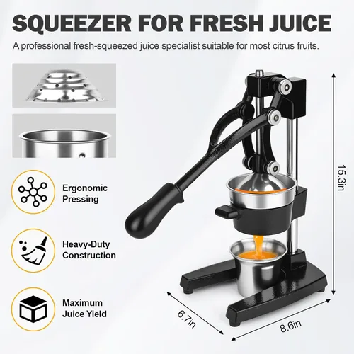 Miniatura 5 de Exprimidor manual de hierro fundido con cono de acero inoxidable, exprimidor de limón resistente para un máximo rendimiento de jugo y limpieza sin