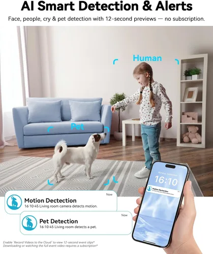 Miniatura 5 de blurams Cámaras para seguridad del hogar, cámara 2K para mascotas con aplicación de teléfono, cámaras interiores PTZ de 360°, conversación de 2