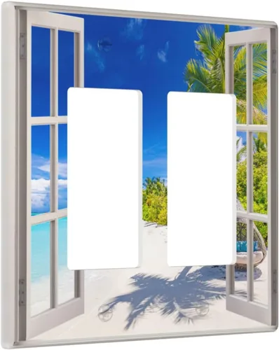 Miniatura 70 de Vista de ventana, isla tropical, playa, palmeras, cielo soleado, cubierta de interruptor de luz de palanca individual, placa decorativa de pared
