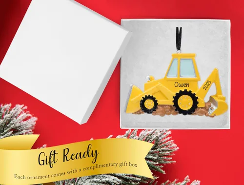 Miniatura 4 de Adorno de Navidad personalizado para retroexcavadora 2026, personalización gratuita Excavadora amarilla, excavadora poderosa, adorno de excavadora