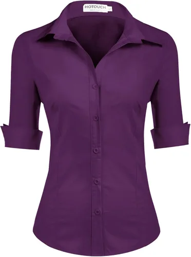 Miniatura 11 de HOTOUCH Camisa de manga 3/4 con botones para mujer, blusas de trabajo ajustadas, camisas de vestir de algodón, camisas de oficina