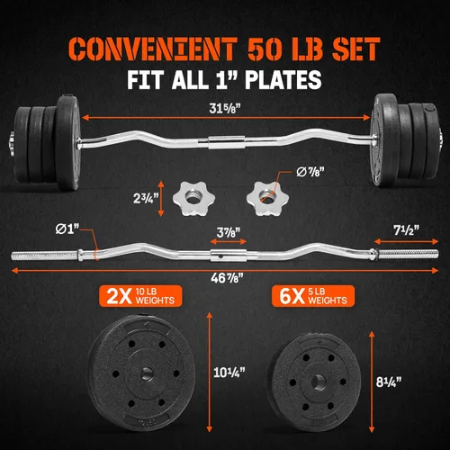 Miniatura 3 de Yes4All Standard Straight Barbell 60" & EZ Curl Bar 47", Capacity 200 to 480 LB, Weight Bar 1" to 2" Diameter - Star Lock Collars, Rubber Ring, I.