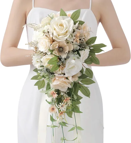 Miniatura 15 de Serwalin Ramos de boda de 9.8 pulgadas para novia y dama de honor, peonías rosa empolvado, ramos de flores de novia para boda, ramo de lanzamiento