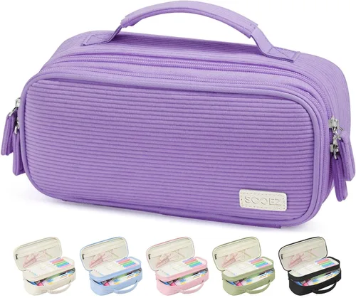 Miniatura 9 de Sooez Estuche grande para lápices, estuche de pana suave con asa, bonito estuche para bolígrafos, 5 compartimentos, organizador de amplia apertura