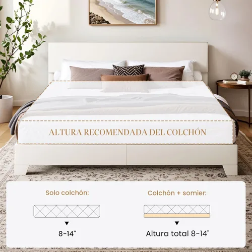 Miniatura 7 de SHA CERLIN Base de cama tamaño King con cabecera ajustable, plataforma tapizada de piel sintética con listones de madera, base de colchón estable
