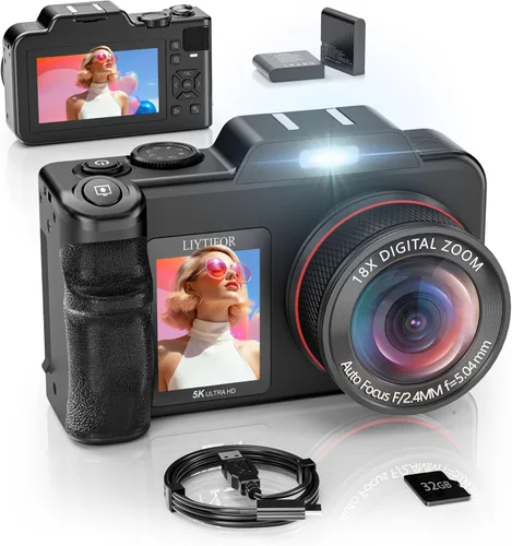 Cámaras digitales 5K para fotografía: Actualización 2026 80MP 3.5 "+2" Pantalla dual para autoencuadre 18X Zoom Cámara de vlogging de enfoque