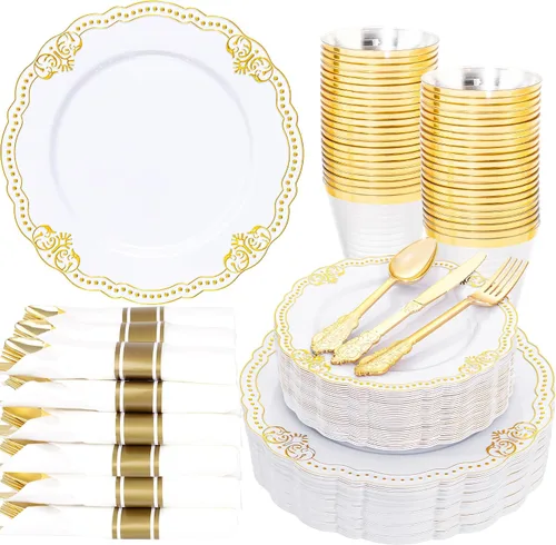 Miniatura 10 de Ciaell 350 platos de plástico rosa, platos desechables de color rosa y dorado, incluyen 50 platos desechables, 150 cubiertos resistentes, 50 tazas