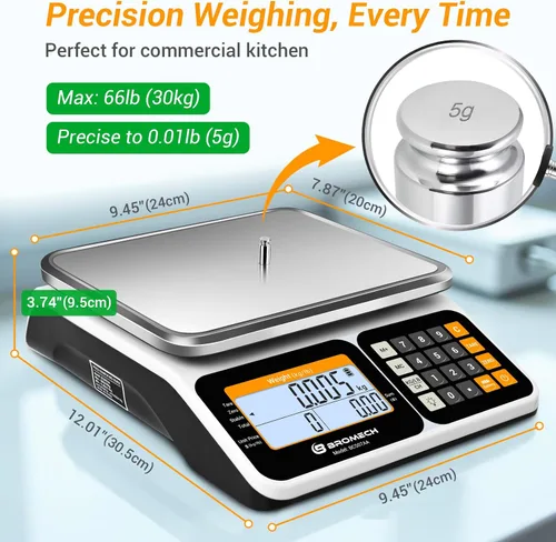 Miniatura 4 de Báscula comercial de alimentos de 66 lb/30 kg, báscula de computación digital de alta precisión para marcas de agricultores, delicatessen, pantalla