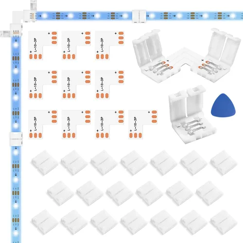Miniatura 11 de WENHSIN 10 paquetes de conectores LED de 2 pines en forma de L para luces de tira LED de 10 mm de ancho, adaptador de extensión sin cable, sin