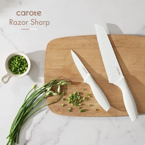 Miniatura 5 de CAROTE Juego de 15 piezas de cuchillos, juego de bloque de cuchillos de cocina, elegantes cuchillas con revestimiento cerámico blanco con elegante
