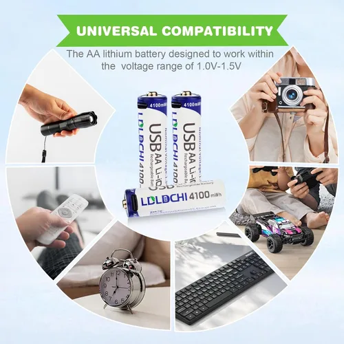 Miniatura 6 de Baterías de litio AA recargables de 4100 mWh, paquete de 4 baterías dobles A de 1.5 V con cable de carga USB-C, 1200 ciclos de larga duración
