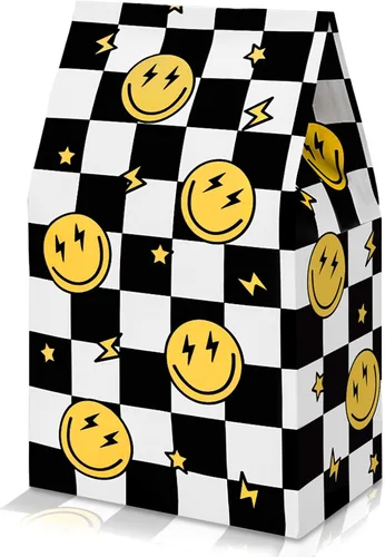 AnyDesign 24 bolsas de regalo para fiesta de cumpleaños de un día feliz, bolsas de regalo con etiquetas adhesivas, bolsas de regalo a cuadros para