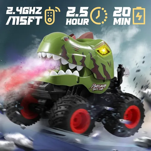 Miniatura 2 de BEZGAR Juguetes de Camiones Monstruo - Camión Monstruo de Control Remoto con Aspersión, Luz, Música, Juguetes de Dinosaurios para Niños, Camión RC a