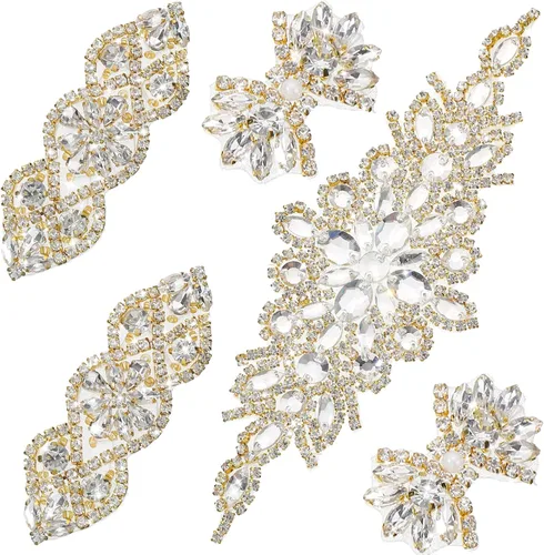 Juinte 5 piezas de 3 tamaños de apliques de diamantes de imitación de cristal de 1.77, 3.94, 9.84 pulgadas, apliques plateados para boda en banda de