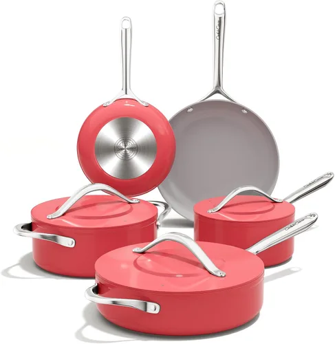 Miniatura 12 de CookinCraze Juego de 8 ollas y sartenes antiadherentes de cerámica con tapa, sin PFAS, no tóxicos, compatible con inducción, apto para horno, Azul