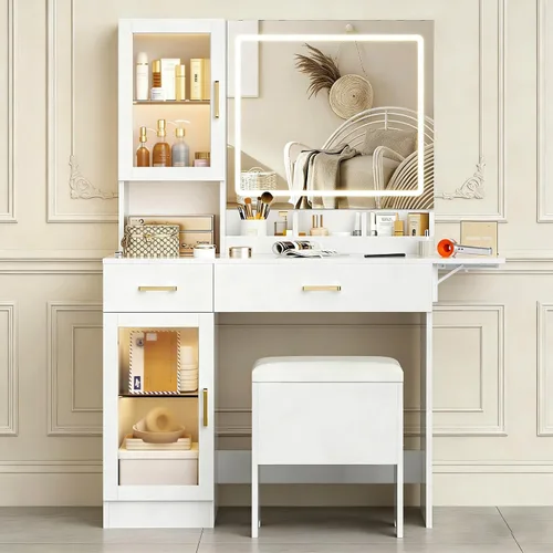 Miniatura 19 de KAMABOKO Escritorio de tocador con luz y espejo, mesa de maquillaje blanca con cajones y estación de carga, 3 modos ajustables para dormitorio y 042