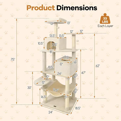 Miniatura 2 de DORTALA Árbol moderno para gatos de 75 pulgadas de alto, torre para gatos de varios niveles con condominios grandes, postes rascadores de sisal