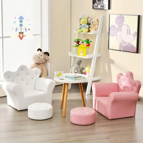 Miniatura 2 de Costzon Sofá para Niños, Sofá Tapizado para Niños con Otomán, Sofá de Princesa con Decoración de Diamantes, Otomán, Silla de Cuero PVC Suave