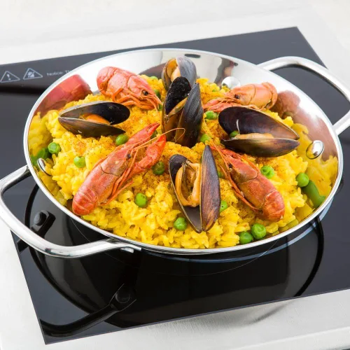 Miniatura 3 de Restaurantware Paella española de 8 pulgadas, 1 sartén para paella lista para inducción, asas remachadas de alta resistencia, sartén española