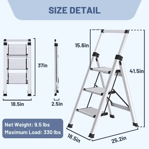 Miniatura 6 de XinSunho Escalera de 3 escalones, empuñadura retráctil plegable con pedal ancho antideslizante, 3 escalones de aluminio, escalera de seguridad