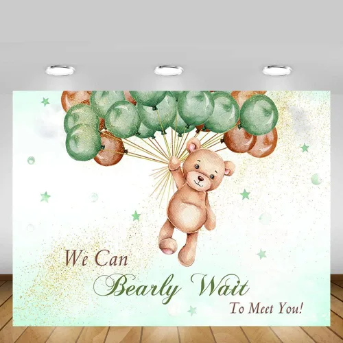 Miniatura 5 de MEHOFOND Telón de fondo de baby shower con texto en inglés "We Can Bearly Wait to Meet You" de 7 x 5 pies, globos azules y marrones, purpurina