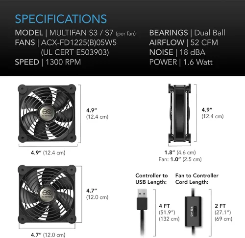 Miniatura 6 de AC Infinity MULTIFAN S7, Ventilador USB silencioso de 120 mm de doble velocidad, certificado UL para receptor DVR PlayStation Xbox, gabinete