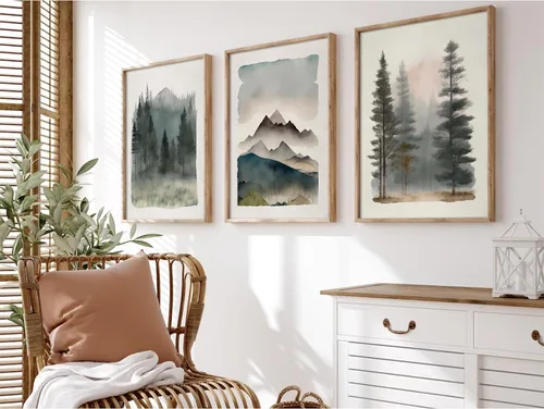 Miniatura 11 de Arte de pared de bosque brumoso, arte de pared de abeto, paisaje natural, lienzo, impresiones abstractas de bosques, pintura de granja, póster
