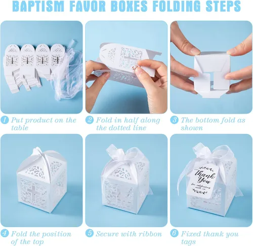 Miniatura 4 de MTLEE El juego de 100 piezas de recuerdos de bautismo incluye mini rosario, cajas de recuerdos de bautismo, bolsas de organza blanca con cordón