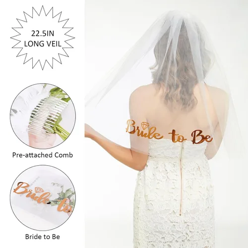 Miniatura 2 de CIEHER Corona de oro rosa + banda de novia + velo de boda para despedida de soltera, decoraciones de despedida de soltera, banda de despedida