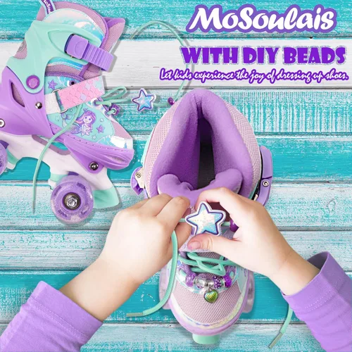 Miniatura 3 de Patines de Sirena para Niñas, MoSoulais 4 Tamaños Ajustables con Ruedas Iluminadas para Niños Pequeños, Patines para Mujeres Principiantes Púrpura