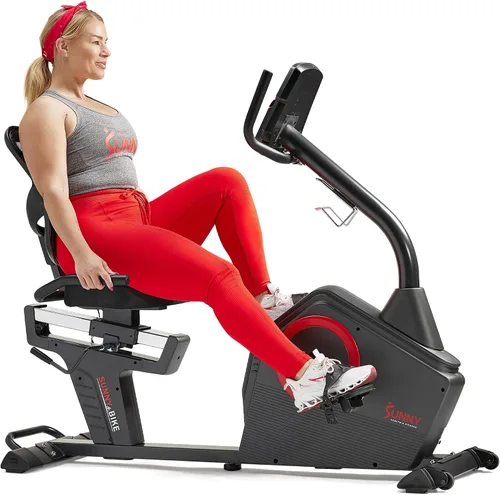 Sunny Health & Fitness Smart Recumbent Bike with Pulse Sensors, Home Cycling Workout Machine w/Cushion Seat & Mesh-Backrest, Free SunnyFit App